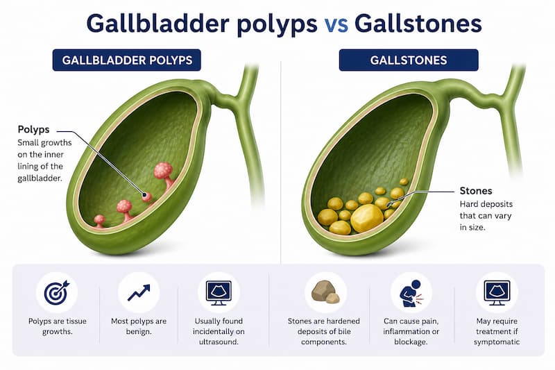 Comparison of gallbladder polyps and gallstones, showing polyps on the inner gallbladder lining versus hardened stone deposits