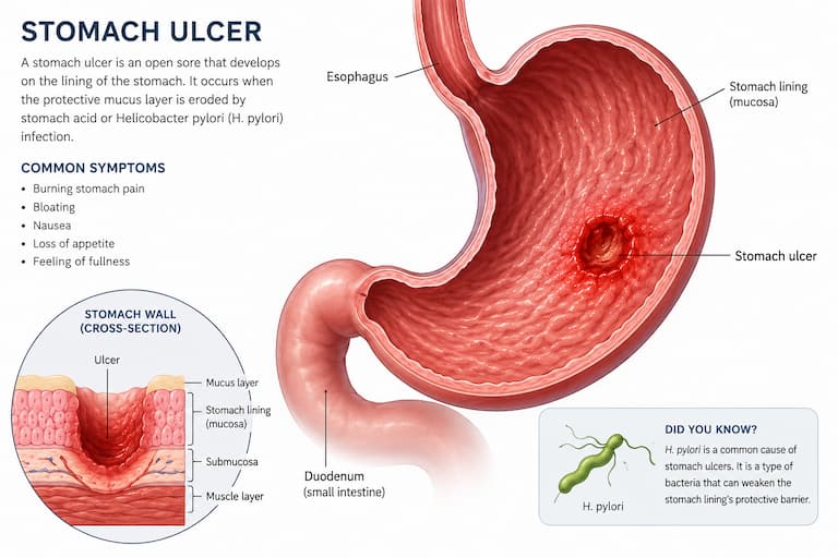 An image explaining stomach ulcers