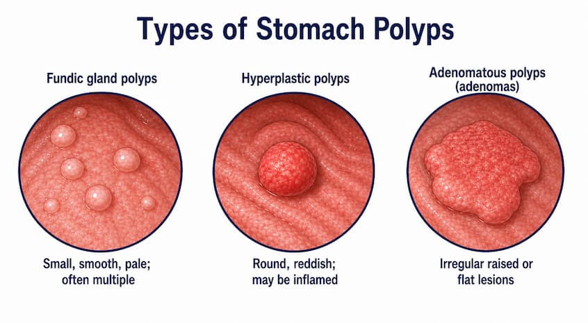Comparison graphic of fundic gland, hyperplastic and adenomatous stomach polyps